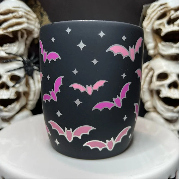 Cobwebs & Cauldrons Halloween Soft Touch Black - Pink & Silver Trim Bat Mug x2 - Picture 12 of 12